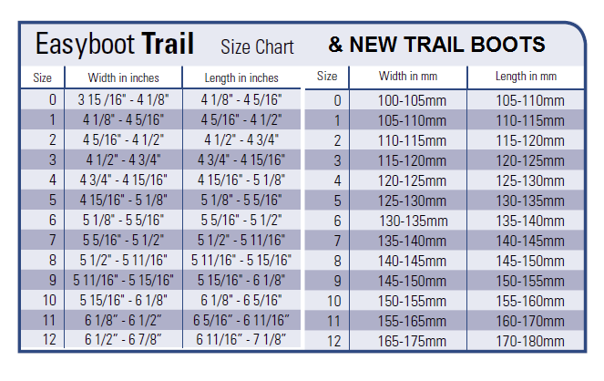 sizing chart new trail boots